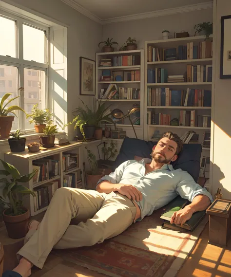 a man laying on the floor in a room with a window and a book shelf behind him and a potted plant in the corner, hyperrealistic, a photorealistic painting, realism