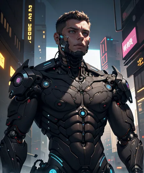 a close up of a man in a futuristic suit standing in a city