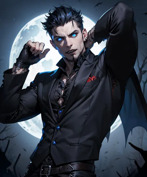 macabre style vampire, male, vampire fangs, glowing blue eyes, action pose, dark, gothic, grim, haunting, highly detailed