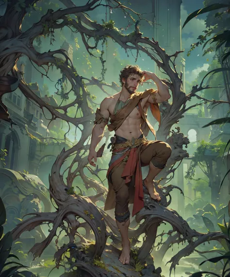 a man in a forest with a sword and a bow