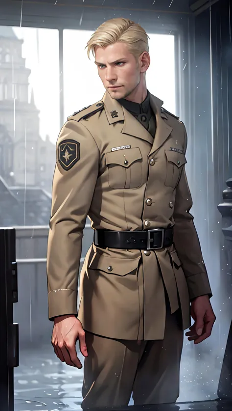 arafed male in uniform standing in a room with a clock tower in the background