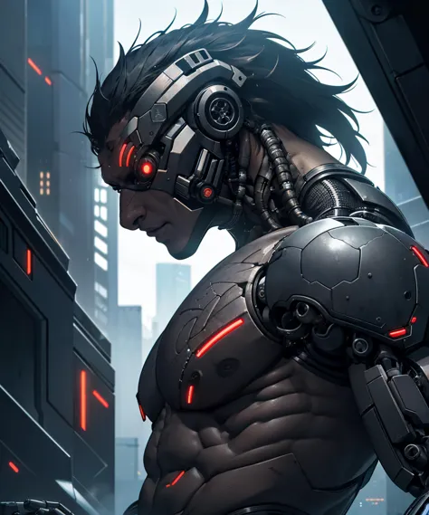 biomechanical cyberpunk shirtless guy, cybernetics, human-machine fusion, dystopian, organic meets artificial, dark, intricate, highly detailed