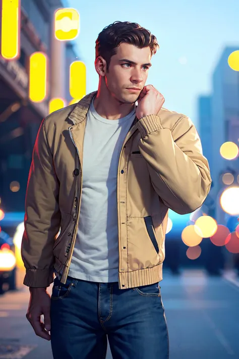 arafed man in a jacket standing on a city street