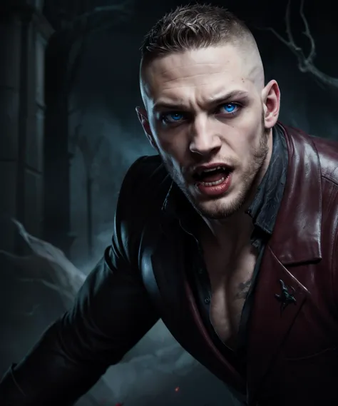 manly vampire guy, vampire fangs, pale skin, glowing blue eyes, Tom Hardy, action pose, horror, obscure, surreal, scary, haunting, vivid, vibrant, saturated