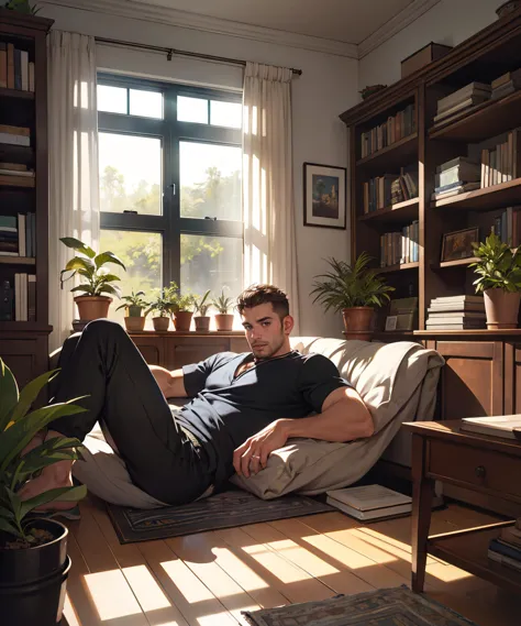 arafed man laying on a couch in a living room with a plant