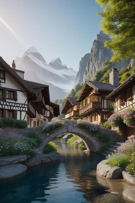 the hobbit, tolkien, a medieval village in switzerland with river and pool, ornate, beautiful, atmosphere, vibe, flowers, concep...