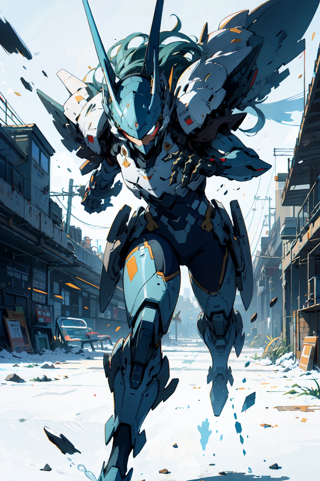 concept art of 1girl  wearing mecha suit,camouflage, running in the battle field 
ink art, flat color, high contrast, stylish
absurdres, best quality, negative space, 
