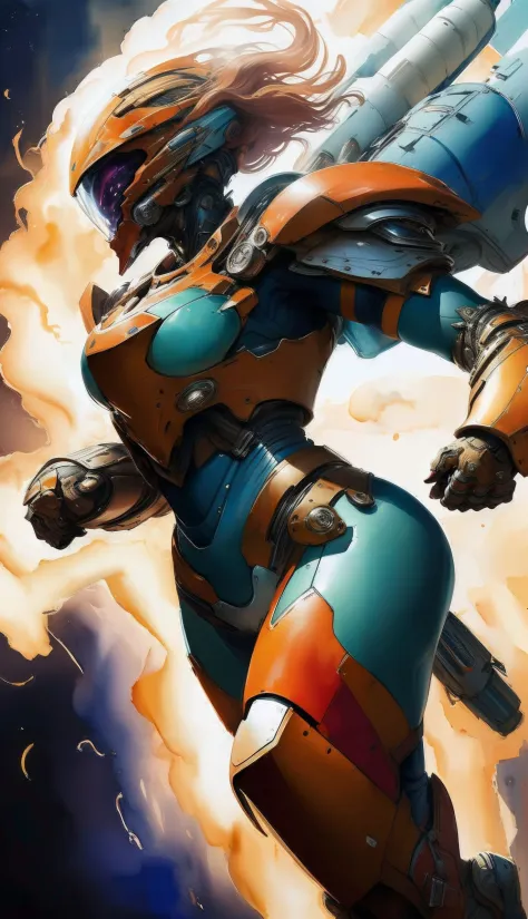 robort,serious looking,glowing 4K,Masterpiece,highres,absurdres,photorealistic,a woman in a suit of armor,big bulky futuristic armor,(running, moving),rocket propulsion,((from the side)),watercolor painting,negative space,by jim lee,<lora:FINAL  Robort:0.8>,