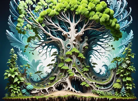 gigantic tree, green/blue/white <lora:Maximalist_Drawing_BW:0.89>, fractal, PStyl3, negative space, abstract, hyper-detailed, hyper-realistic, hyper-maximalist, extreme life-life, extreme intricate,  <lora:BG2_dpep4+silicon29dim64:1>,  <lora:sdxl_isoland:1>, iso island, contained glass vivarium