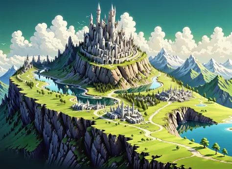 grasslands, meadows, lakes, waves, forests, Gondor, the white city, Lord of the Rings, city built into cliff, green/blue/white <...