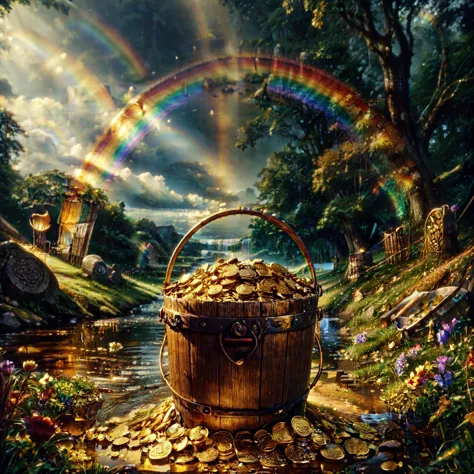 EimerGoldUnterDemRegenbogen,keltischer Stil, bucket of Gold, under Regenbogen, Regenbogen, Blume, keine Menschen, Baum, Landschaft, Fass, draußen, Wasser, Natur, grass, Gold,