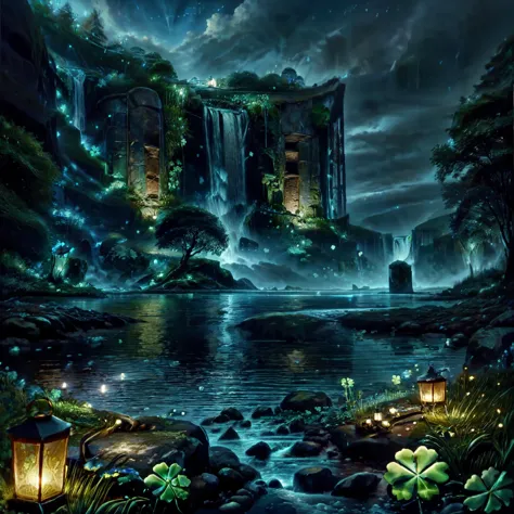 CelticLandStyle,fantasy, water, blue sky, night, glowing four-leaf clover, nature, tree, waterfall, flower, lantern ,<lora:Celti...