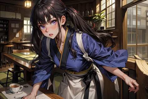 anime girl in a blue kimono standing in a restaurant