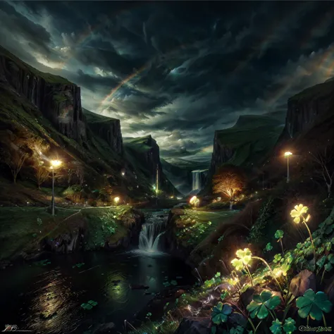 a painting of a waterfall in a valley with a rainbow in the sky