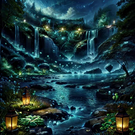 CelticLandStyle,fantasy, water, blue sky, night, glowing four-leaf clover, nature, tree, waterfall, flower, lantern ,<lora:Celti...