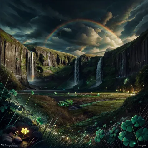 KeltischerLandstil,Landschaft, Himmel, Wolke, Regenbogen, Fantasie, Wasser, draußen, Nacht, Wasserfall, keine Menschen,leuchtendes vierblättriges Kleeblatt,Nacht, 