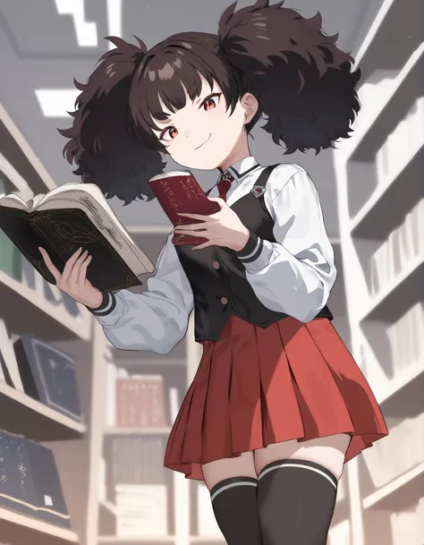 a woman in a school uniform holding a book in a library