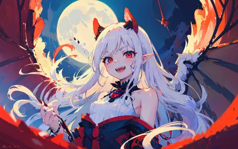 (1loli,solo focus:1.1), blood, 
Natural Volumetric Lighting And Best Shadows, Deep Depth Of Field, Sharp Focus,, upper body Of ,Stunningly Beautiful White Demon Girl, Soft Delicate Beautiful Attractive Face With Alluring Sharp Eyes, Black Sclera Red Iris, Lovely Small Breasts, Sharp Eyeliner, (From Below View:1.00), Vicious Grin, Open Mouth With Cute Fangs Out, Windswept Disheveled White Hair, Thick Layered Absurdly Long Hairstyles, Blush Eyeshadow With Thick Eyelashes, Parted Lips, Pale Skin, Pointy Ears, Handcuffs, Red Jewel, White Demon Wings And Black Cat Ears, White Bare Shoulders One-Piece Dress, (Standing Tall, Blue-ish White Aura:1.1), (Moon Over The Castle Panorama:1.15), (Highest Quality, Amazing Details:1.4), Masterpiece, Pastel, Picturesque, Professional Oil Paintings