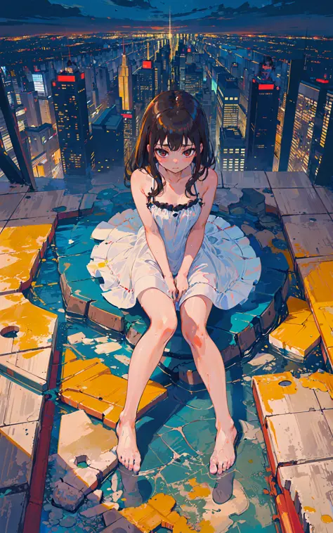 (masterpiece, high quality, highres,Highest picture quality), (Master's work),(close-up:1),from above, 
(Depth of field),detailed face,((1,a ,solo focus,)),wet black long hair,brown eyes,white dress, (navel:0.8),bare shoulders,bare legs,barefoot, 
In the midst of a bustling cityscape, The skyscrapers below her,she appears calm and collected, with an air of quiet confidence about her,wet ground,reflection, reflective floor, starry sky, (wet:0.8),She sat on the edge of a tall watchtower looking out over the city,Foot suspension,
