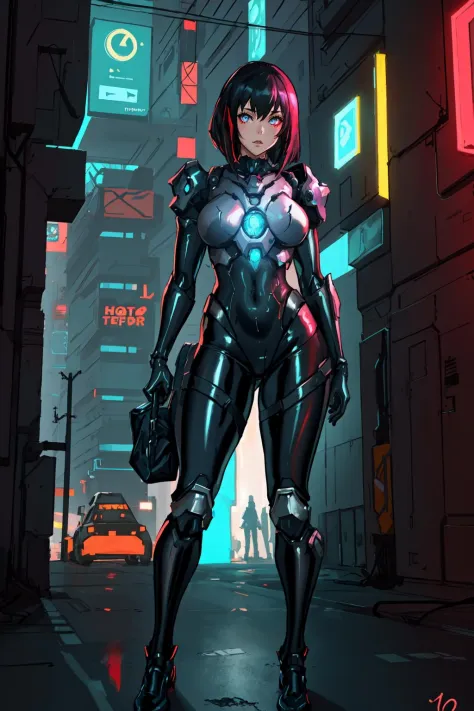 1girl,<lora:battleframepromax-000002:0.6>,latex,Metal,led,battleframe, cyberpunk city,