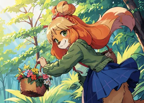 masterpiece:1.2, best quality, isacrossing, topknot, green cardigan, white shirt, blue skirt, red ribbon, checkered pattern, anthro, furry, furry female, forest, picking flowers, basket, smiling,  <lora:isabelleAnimalCrossingV2:0.8> <lora:styleDagashiDaga2626_e04:0.6>