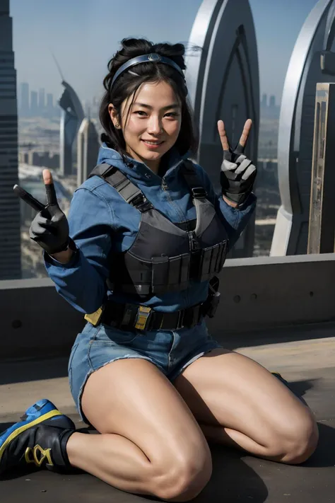 paik, woman, athletic body, tied back hair, headpiece, wearing  bulletproof vest, blue jacket, daisy dukes, gloves, boots,lookin...