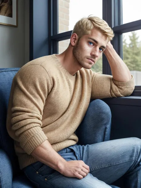 (GS-Masculine:1), (1boy), (front side view), close up shot, (looking away from viewer), Very detailed young handsome face, heroic, detailed realistic open eyes, (calm expression). (freckles), tan glowing skin, a man sitting in a armchair looking out the window, wearing a sweater, denim pants, blonde hair