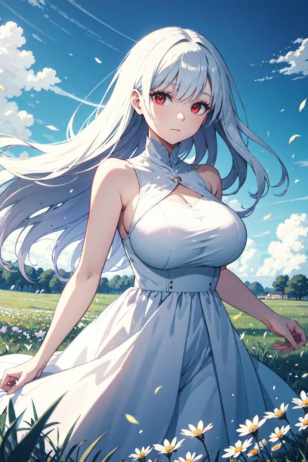 Anime girl in white dress standing in a field of daisies - SeaArt AI