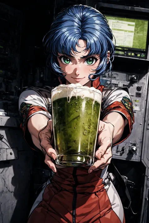 a woman holding a glass of green liquid in front of a computer