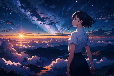 close view,
1girl, shining sky, vast world, gazing, awe-inspiring expression, distant horizon, clouds, high hill, natural beauty...