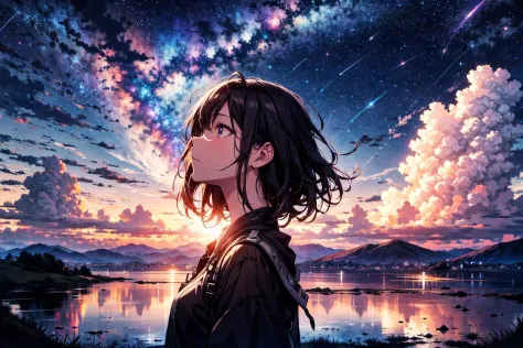 absurdres, highres, (official art, beautiful and aesthetic:1.2), close view,
1girl, shining sky, vast world, gazing, awe-inspiring expression, distant horizon, clouds, high hill, natural beauty, inspiration, night sky, Shining Stars,