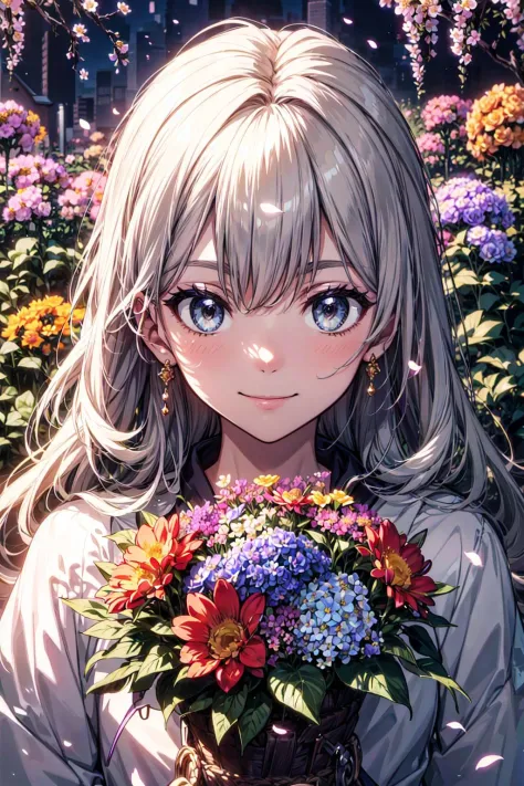 absurdres, highres, (official art, beautiful and aesthetic:1.2), (close view:1.2), Front composition, 
1girl, (long hair:1.2), gray hair, wavy hair, smile, 
(all over the flower garden:1.6), (Flower Effects:1.2), (Floral Background:1.2), (Background filled with flowers:1.4), (Flashy background:1.1),