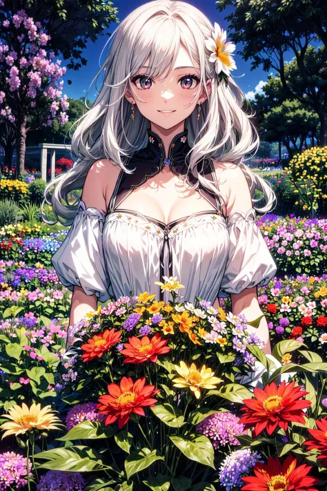 absurdres, highres, (official art, beautiful and aesthetic:1.2), (close view:1.2), Front composition, 
1girl, (long hair:1.2), gray hair, wavy hair, smile, 
(all over the flower garden:1.6), (Flower Effects:1.2), (Floral Background:1.2), (Background filled with flowers:1.4), (Flashy background:1.1),
