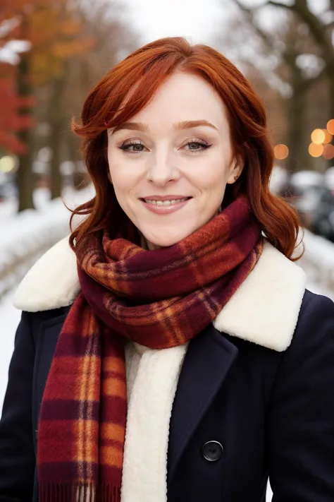ruthconnell, face, portrait, makeup, coat, scarf, pants, ouside, smile, teeth,
highly detailed, realistic, 
 <lora:RuthConnellSD...