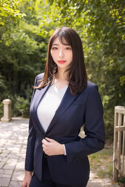 a close up of a woman in a suit standing on a brick walkway