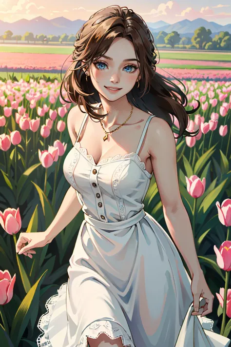 anime girl in a field of tulips with a white bag