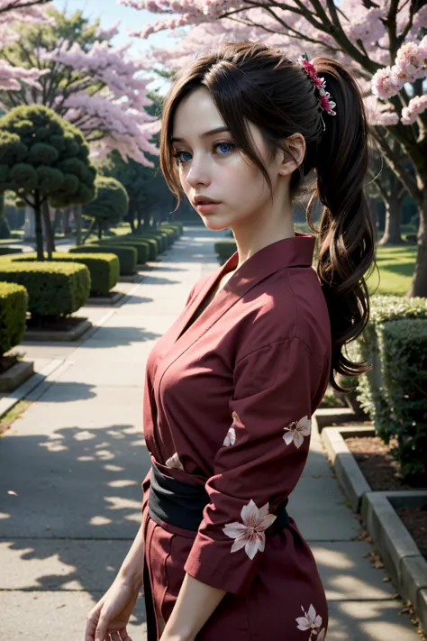 arafed woman in a kimono standing on a sidewalk in a park