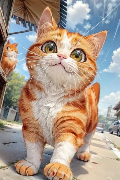 looking at viewer, curious , sky , orange cat running ,  cute , :3 , adorable ,