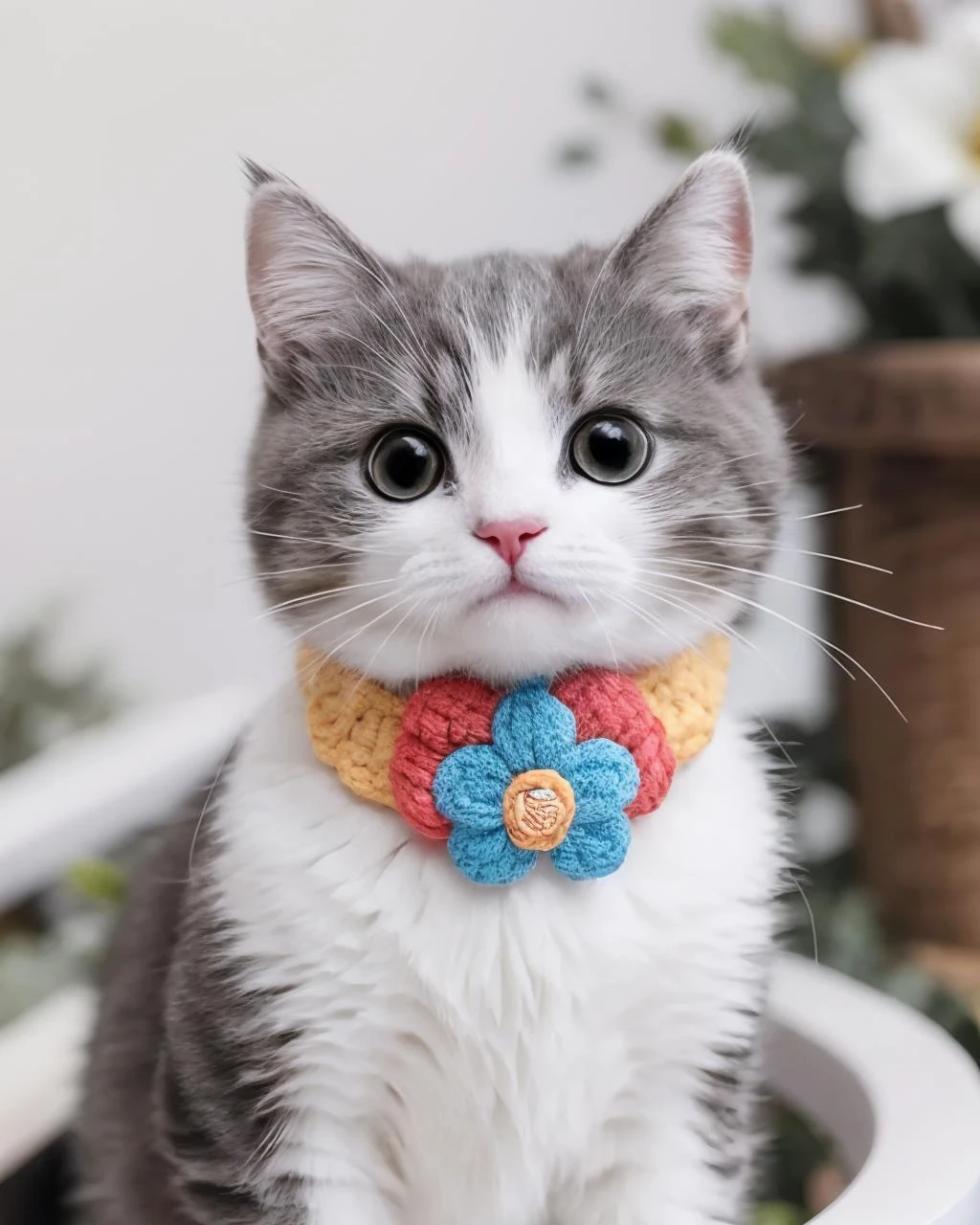 cat, solo, looking at viewer, cute, lovely, simple background, flower Collar, blurry, black eyes, no humans, blurry background, animal,  