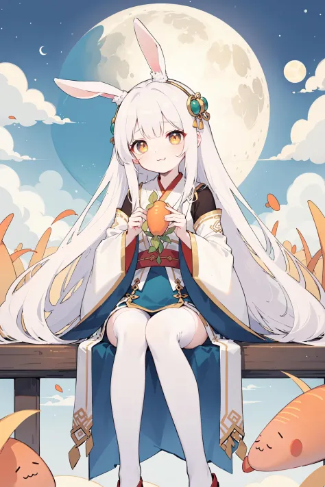 (>3<:2)
Chang'e,the Jade Hare,the Moon Palace,rabbit ears, 
White hair, extra long hair, sister cut, Hanfu, extra long skirt,
Go...