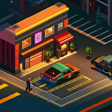 16 bit, pixelart, isometric, (sports car:1), gas station, asphalt road, led background, bladerunner,  dirty, neon lights, (synthwave colors:1)