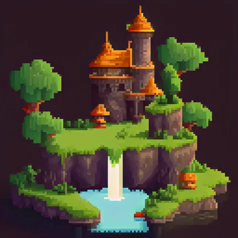 a close up of a castle on a small island with a fountain