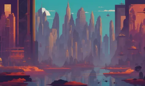 pixelart  create an image of a futuristic city, with gleaming skyscrapers, flying cars, and advanced technology. show the bustli...