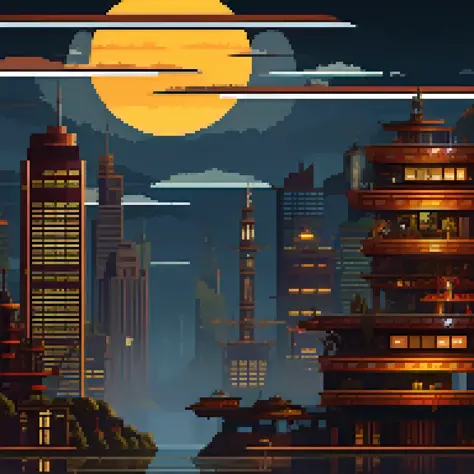 16 bit, pixelart, blade runner, (skyline:1), futuristic, cyberpunk, city, huge buildings, billboards, flying cars, dark clouds, ...