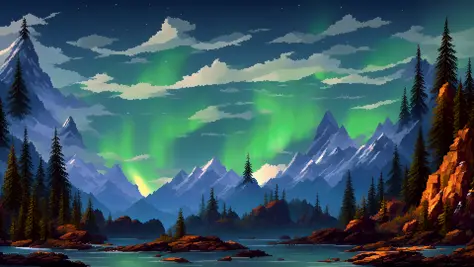 pixelart, a beautiful mountain range with snow capped peaks at night, aurora borealis, northern lights, snowy scenery, dark,