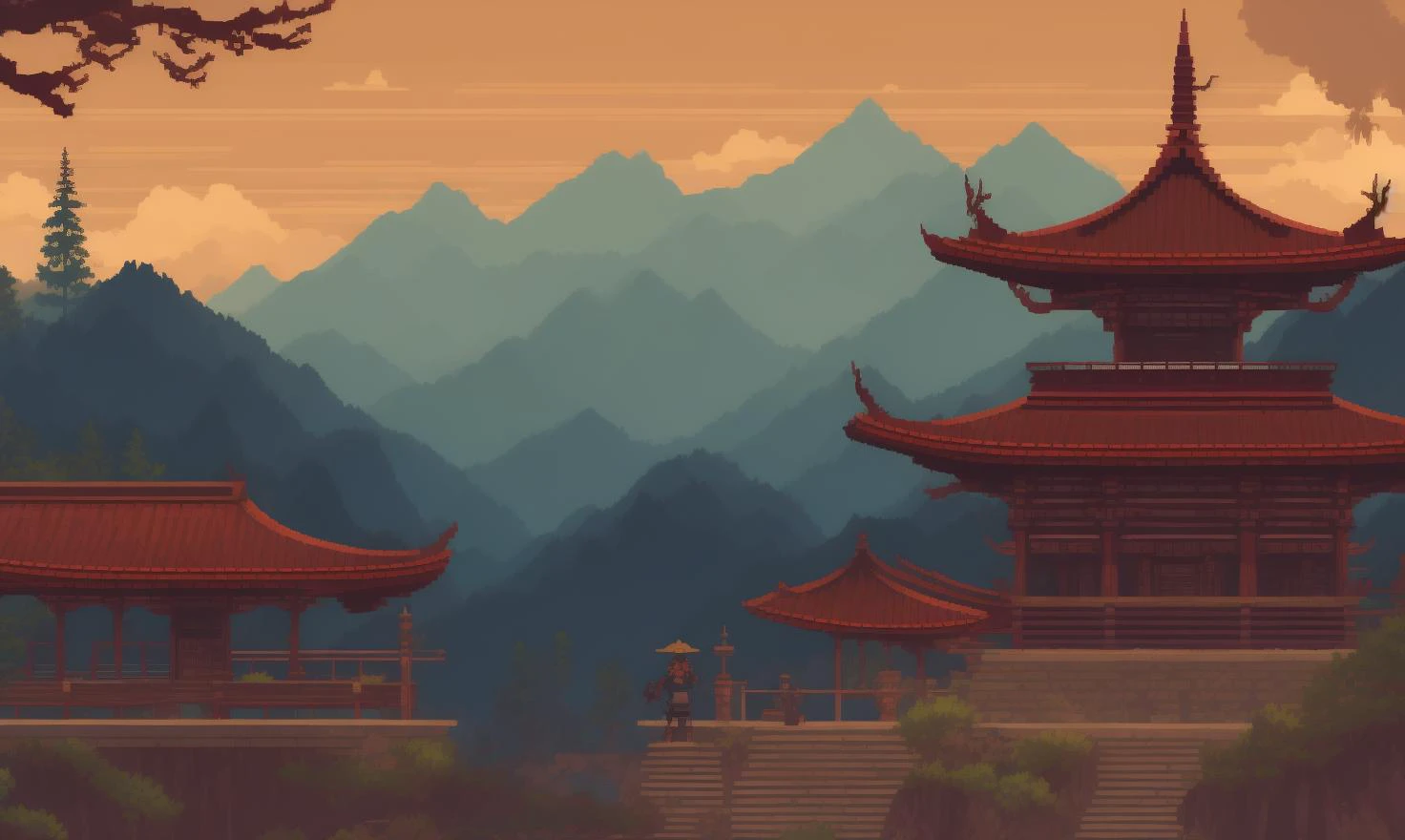 pixelart  video game cover art of a samurai standing in front of a Japanize temple with mountains in the distance, pixelart style