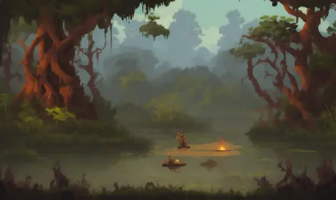 pixelart  produce an image of a steamy and dense swamp, with murky water, tangled vines, and the sounds of croaking frogs. show ...