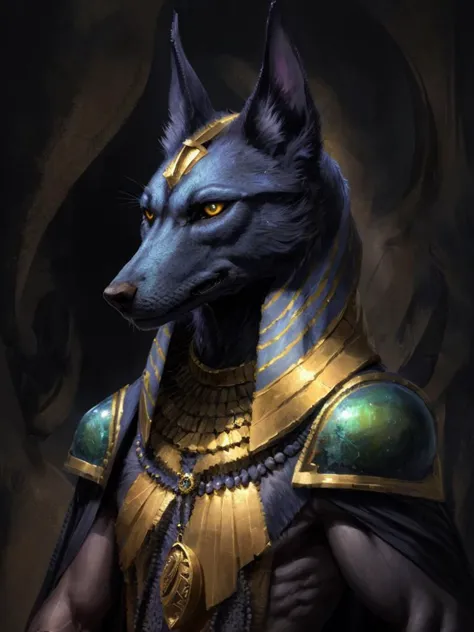 ethereal fantasy concept art of  Egyptian style role-playing game (RPG) style fantasy POV Portrait of a Anthropomophic Jackel,face focus,ebony black skin,anubis,<lora:add_detail:0.3>,<lora:ARWgodanubis:0.8>,Paladin,dungeons and dragons,RPG,Character Concept,Gory medical tools, . detailed, vibrant, immersive, reminiscent of high fantasy RPG games . hieroglyphs, gods and goddesses, Pharaohs, highly detailed . magnificent, celestial, ethereal, painterly, epic, majestic, magical, fantasy art, cover art, dreamy