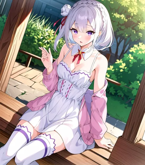 masterpiece, best quality, 1 girl,, <lora:emiliaReZero_v4:0.7>, Emilia, morning outfit: short dress, red ribbon, zettai ryouiki, white thighhighs, blunt bangs, crown braid, white hair (or purple),