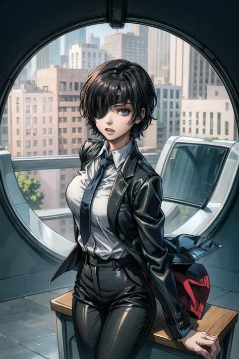 looking at viewer,  <lora:himeno_(chainsaw_man)_v3:0.7> hmn1, eyepatch, breasts, necktie, collared shirt, black jacket, black pants, best quality, masterpiece, <lora:more_details:0.7>, 1girl, solo